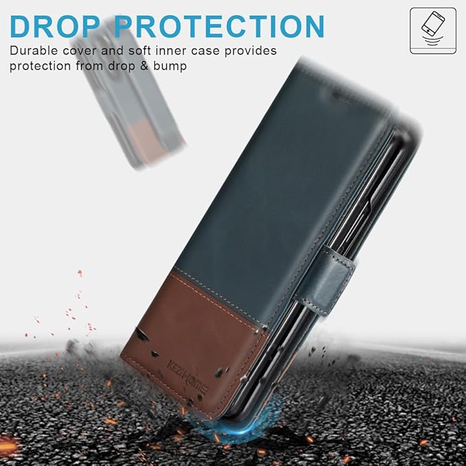 KEZiHOME for Samsung Galaxy Z Fold 6 Case, Genuine Leather Wallet Case [RFID Blocking] with Card Slots Stand Flip Protective Phone Cover Compatible with Galaxy Z Fold 6 5G (Navy Blue/Brown)