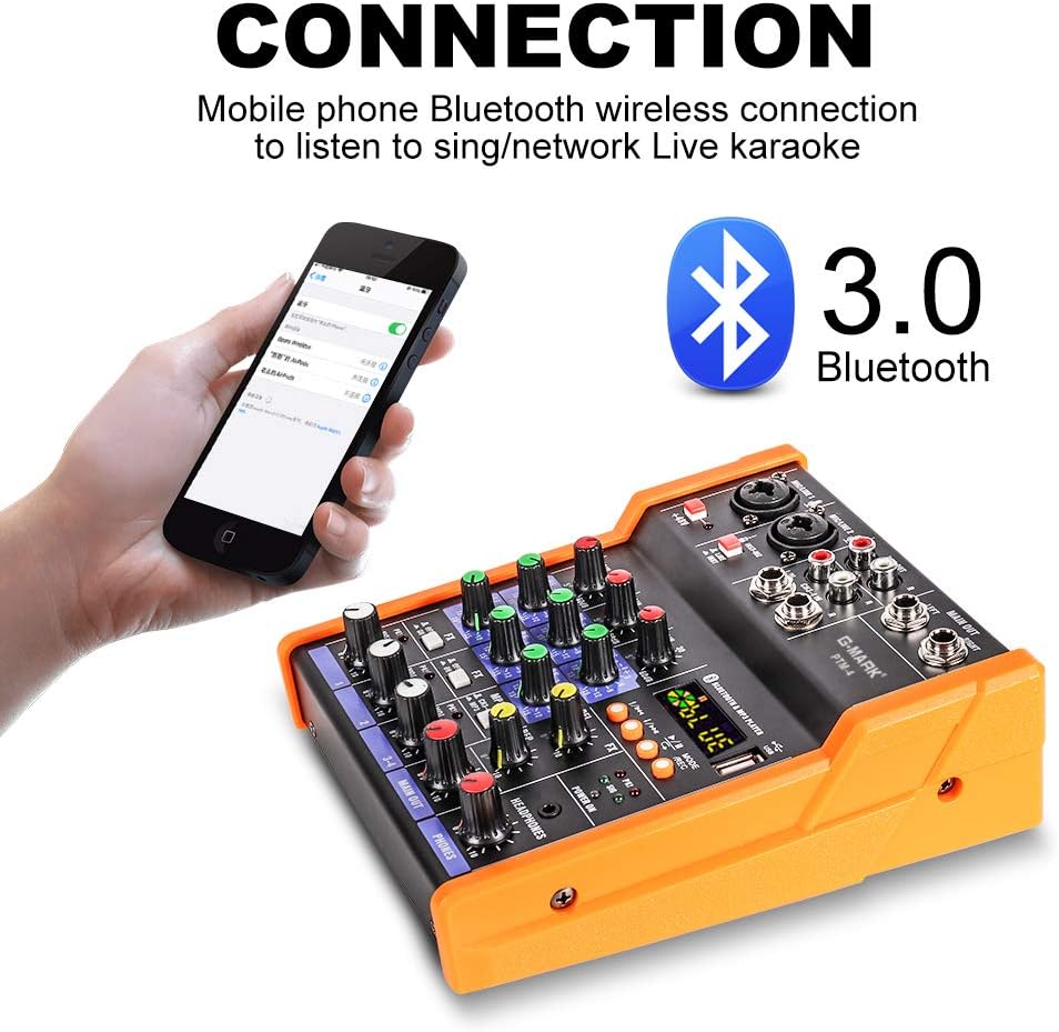 G-MARK Analog Mixer Audio 4 Channel DJ Audio Mixer Bluetooth Studio Karaoke For PC Live Performance KTV Home Stage Music Effects Sound Card Protable Mixing Console