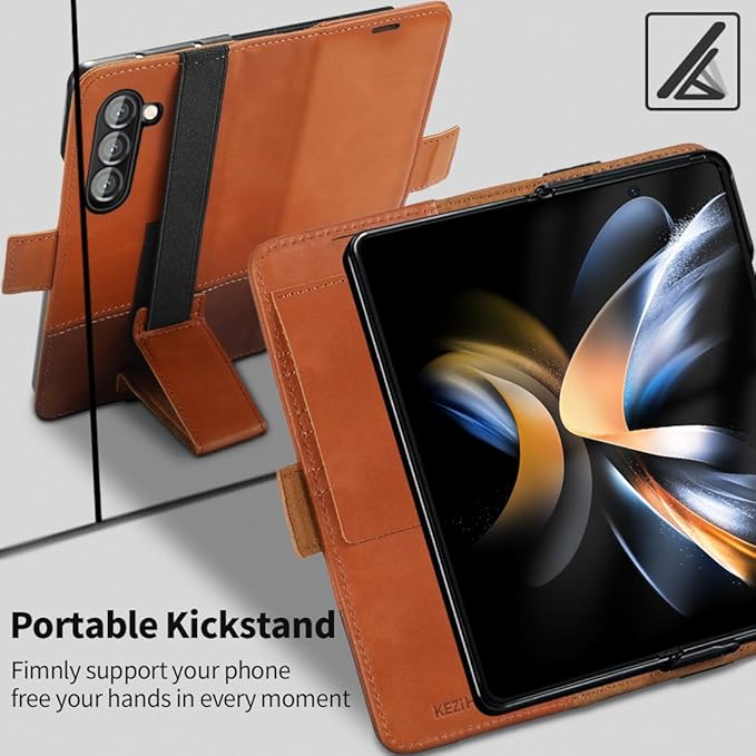 KEZiHOME for Samsung Galaxy Z Fold 6 Case, Genuine Leather Wallet Case [RFID Blocking] with Card Slots Stand Flip Protective Phone Cover Compatible with Galaxy Z Fold 6 5G (Khaki/Brown)