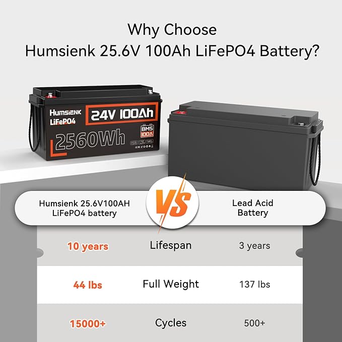 24V Lithium Battery 100Ah LiFePO4 Batterys 2 PCS, Built-in 100A BMS with Low-Temp, 15000+ Deep Cycles, 2560Wh Lithium Iron Phosphate Battery, for RV Solar Energy Off Grid Trolling Motor