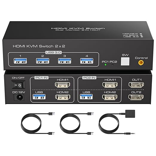 HDMI KVM Switch 2 Monitors 2 Computers 4K60Hz Dual Monitor KVM Switches for Dual PC or Laptops Share 1 Set of Keyboard Mouse Printer Wired Controller and 12V 1A DC Adapter Included