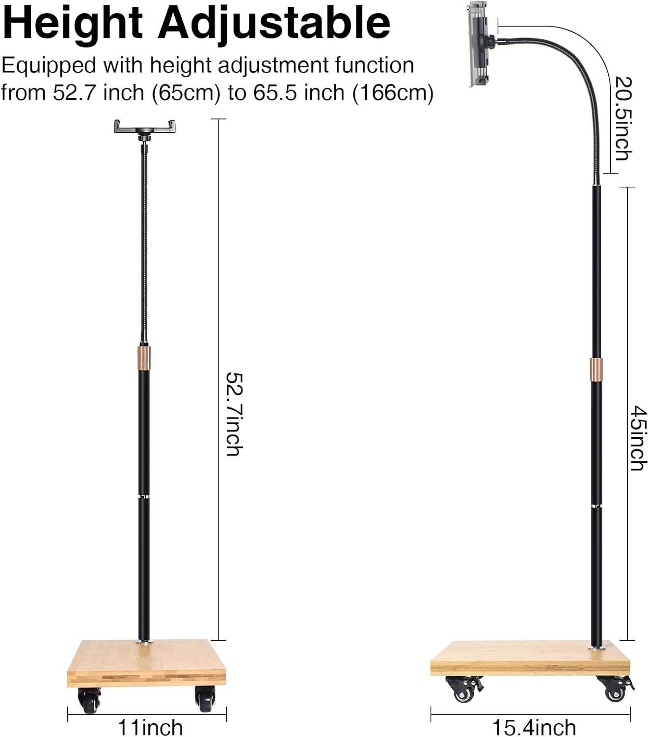wishacc Tablet Floor Stand with Adjustable Gooseneck Mount, Swivels and Wheels for Bedside, Compatible with iPad, Galaxy Tab, Kindle and Phones