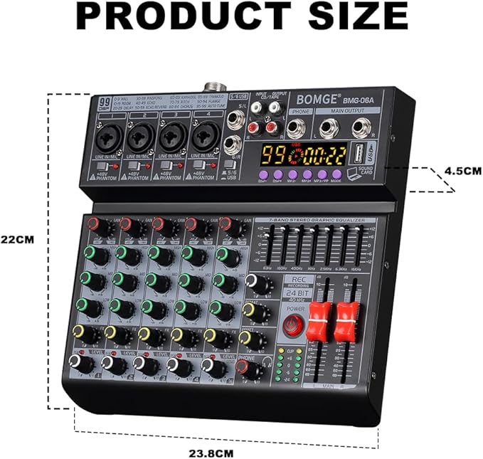 BOMGE 06A Professional 6 Channel DJ Audio Mixer, DJ Controller Sound Mixer with 99 DSP Effects,7-band EQ Independent 48V Bluetooth USB Interface Recording for Studio Stage Party Home Recording