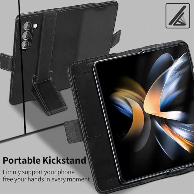 KEZiHOME for Samsung Galaxy Z Fold 6 Case, Genuine Leather Wallet Case [RFID Blocking] with Card Holder Kickstand Folio Protective Phone Cover Compatible with Galaxy Z Fold6 (Black)