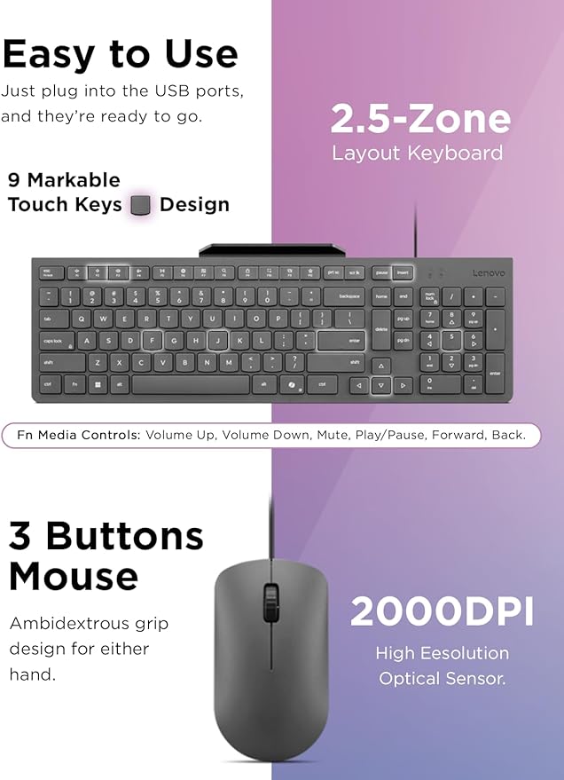 Lenovo 310 USB-A Wired Keyboard Mouse Combo, Quiet Keys, Ultra-Slim Gaming Design, Spill-Resistant, Integrated Phone Stand, Compatible w Laptop, PC, Tablet – Ergonomic Mouse Mechanical Keyboard USB