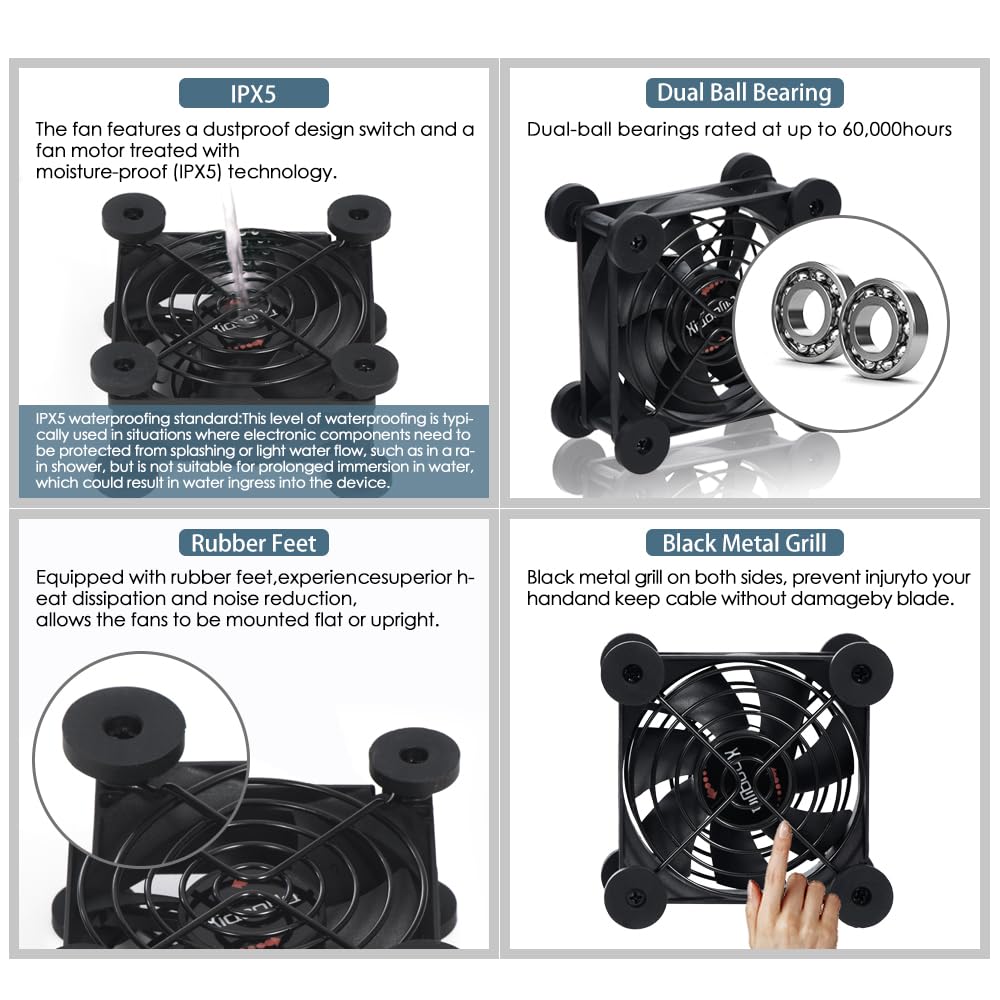 Quiet 80mm Fan with 10 Speed USB 5V DC 12V IPX5 Waterproof Cooling Fan for Tablet TV Receiver Router DVR Xbox Greenhouse Kennel Computer Cabinet Component Cooling