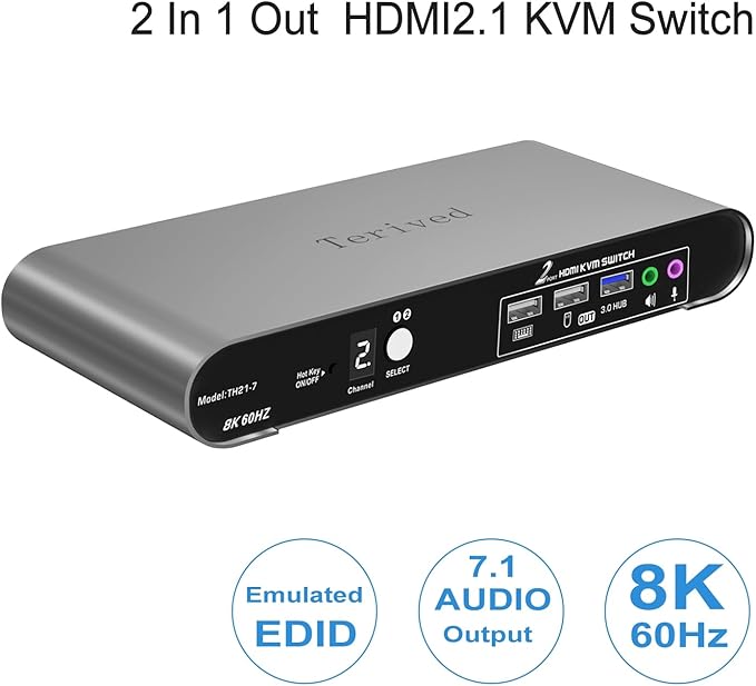 2 Computers 1 HDMI Monitor Automatic KVM Switch 8K@60Hz, Hotkey Switching, EDID, Support 5.1/7.1 Audio and Microphone, Aluminum Shell with Digital Display, USB 3.0 Hub, HDR10 with Cables