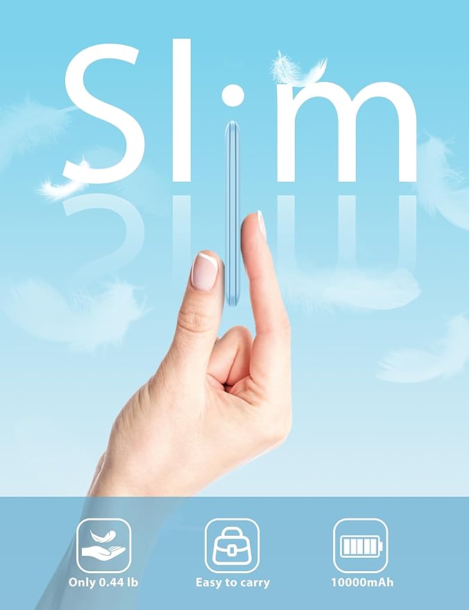 10000mAh Slim Portable Charger with Built in Cable, Power Bank Travel Charger External Battery Pack for Phone, 3 Output USB Type C Cord Clutch Charger Compatible with iPhone, Blue