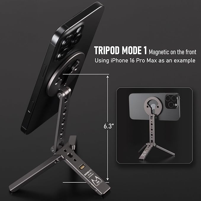 Magnetic Tripod for iPhone 12/13/14/15/16 & MagSafe Cases | Handy Phone Stand | 20 N52 Magnets Inside, Cold Shoe Mount, 1/4" Screw & Foldable Hook