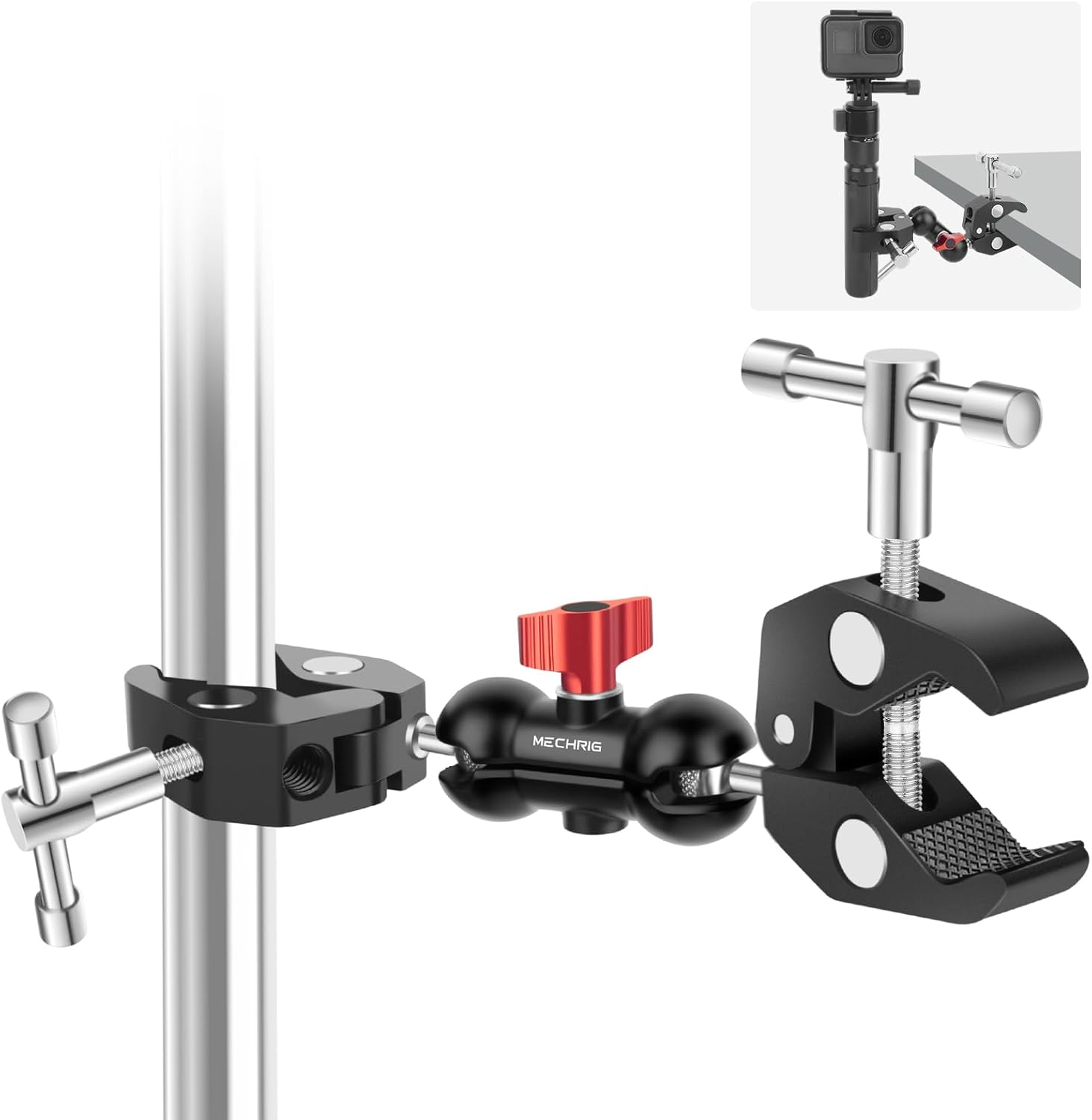 Double Super Clamp Camera Mount with Magic Arm, Aluminum Double Clamp Mount Umbrella Holder for Desk, Studio Light/Boom Stand, Photography Reflector, Cross Bars, Bike/Motor Handlebars (SY004)