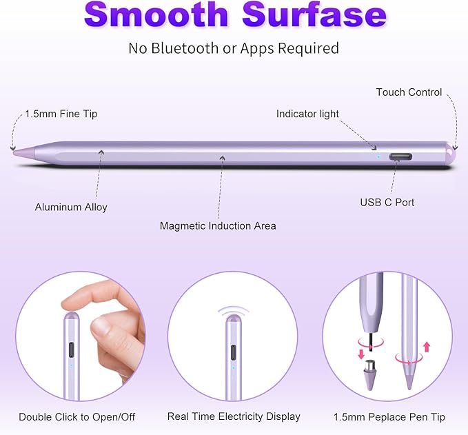 Stylus Pen for iOS&Android Touch Screens, Active Pencil for Samsung, Smart Digital Stylus Pens for Lenovo/Huawei/Vivo/Mi and Other Tablets, iPhone/Google Pixel Smart Phones Drawing&Writing (Purple)
