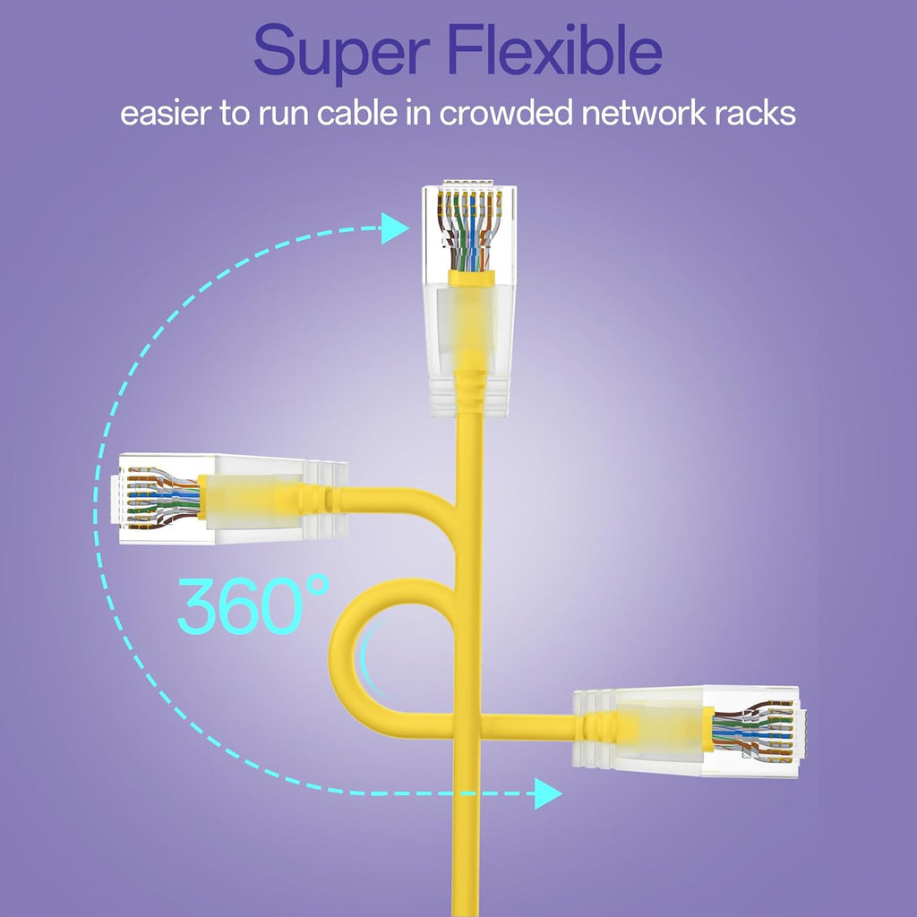Cat6a Patch Cables 1ft (24 Pack) Slim, Cat6 Ethernet Patch Cable Pure Copper, Flexible Cat 6 Patch Cable 550MHZ 10G, Space-Saving Cat 6A Network Cables for Patch Panel, Yellow