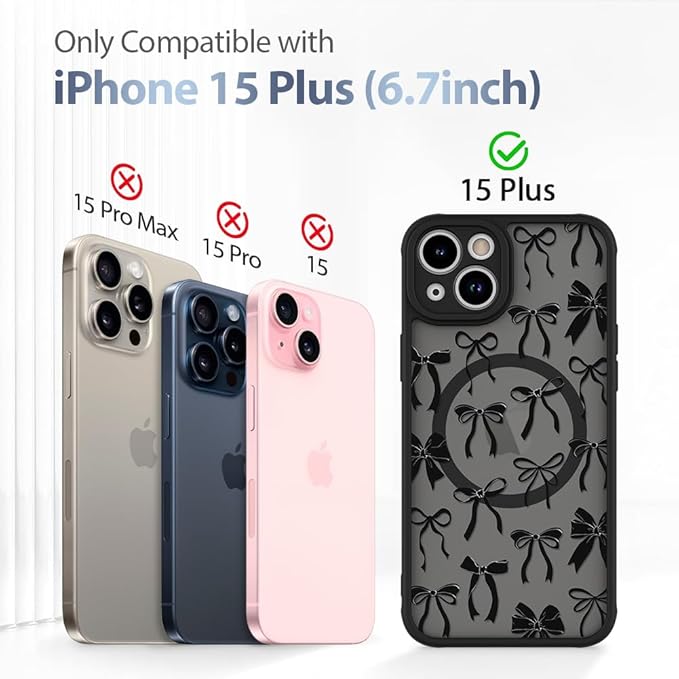 AIGOMARA Case for iPhone 15 Plus [Compatible with MagSafe] Black Ribbon Bow Pattern Design Soft TPU Bumper Hard PC Back Anti-Fall Shockproof Protective Slim Magnetic Cover for Women Girls