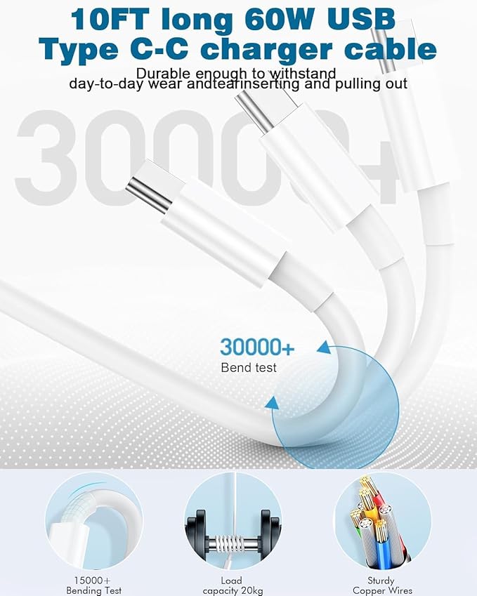 10FT Apple iPhone 16 Charger,2Pack Extra Long 10Foot Type C Cable Cord 20W USB C Charger Travel Plug Super Quick Charging for iPhone 16e/16 Pro/16 Pro Max/16 Plus/15/15 Pro/15Pro Max/iPad Mini/Air/Pro