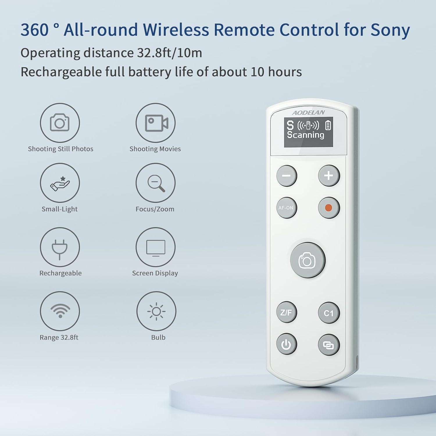 Camera Rechargeable Shutter Release for Sony, AODELAN Wireless Remote Control Zoom Focus Record Compatible with Sony ZV-E10,ZV-1F,ZV-1,A6400,A6700,A7C,A7III,A9,A9 II,DSC-RX0 II,Replace RMT-P1BT(White)