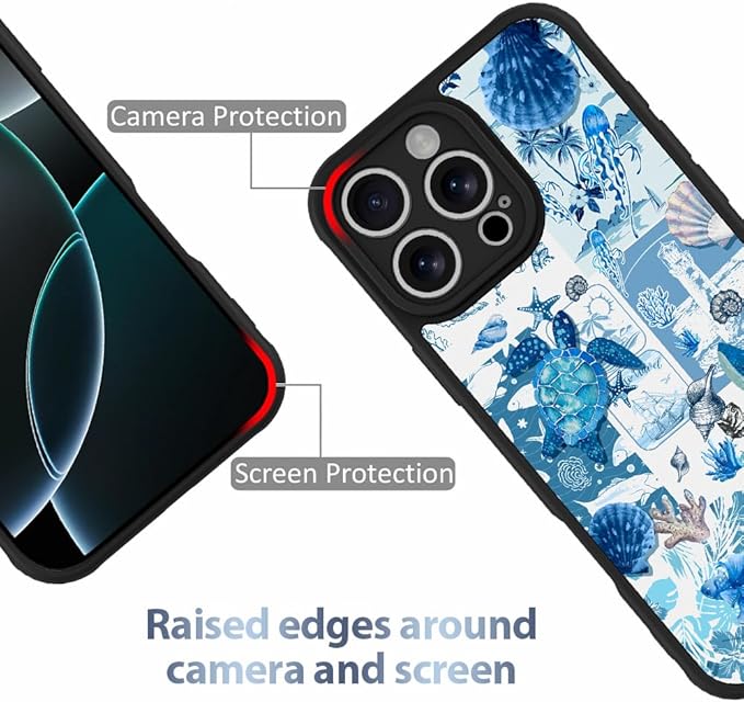 AIGOMARA Case for iPhone 16 Pro [Compatible with MagSafe] Blue Turtle Shell Ocean Collage Pattern Design for Women Girls Men Soft TPU Bumper Hack PC Back Shockproof Protective Slim Magnetic Cover