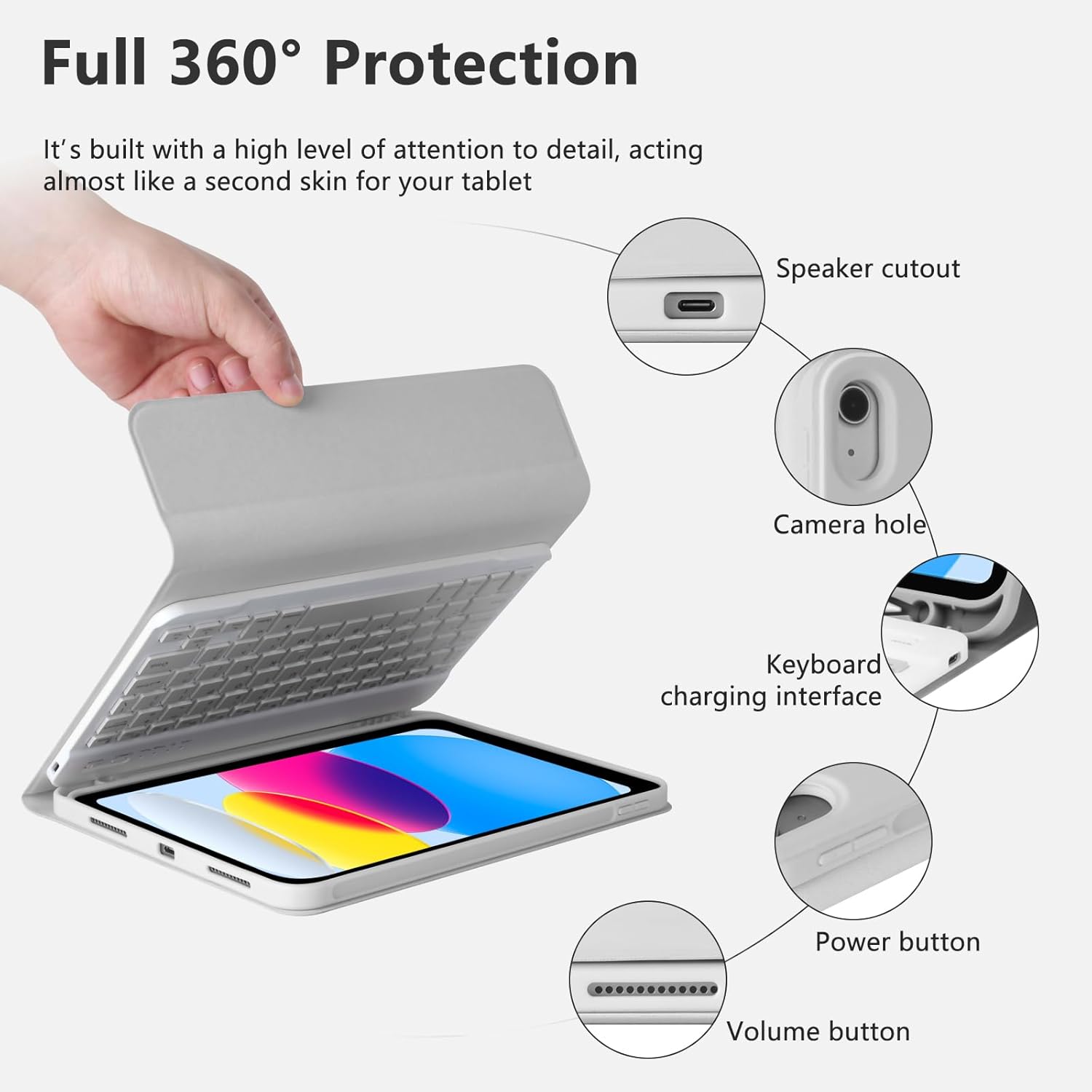 MMK iPad A16 Case (2025, 11"), iPad 10th Generation Case with Keyboard (2022, 10.9"), Wireless Detachable Keyboard, Pencil Holder (Grey)