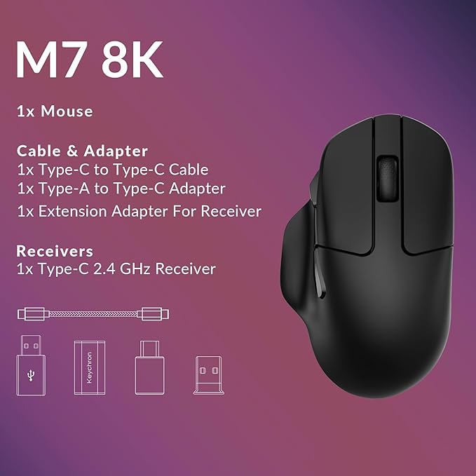Keychron M7 8K Wireless Mouse, 30K DPI Optical Computer Mice, 2.4 GHz/Bluetooth/Wired with Macro Button 66g Lightweight Ergonomic, Up to 140 Hours Worktime for Laptop macOS/Windows - Black
