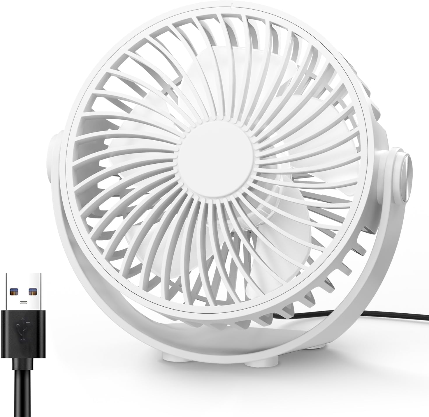USB Desk Fan, 5 Inch Mini Portable, 3 Speeds Strong Airflow Personal Desktop, Detachable Cooling Fan 360° Rotation Quiet Small Fan for Desk Home Office Travel Car, White, 5ft Cable