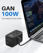DOACE Universal Travel Adapter, 100W GaN 3.0 European Travel Plug Adapter with Built-in USB-C Cable, 6 in 1 International Power Adapter with 5 USB Ports for EU/UK/USA/AUS(Black)