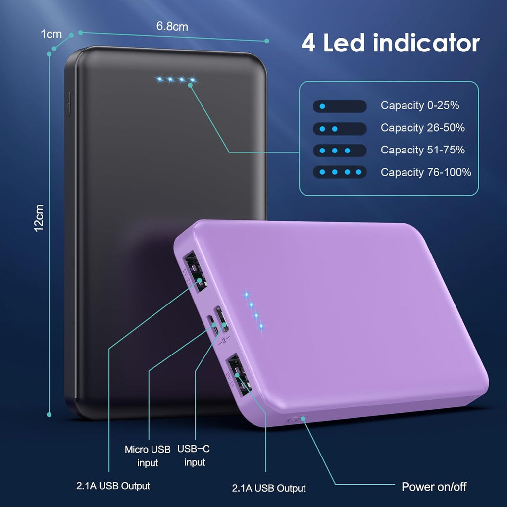 [2 Pack] Portable Charger Power Bank 10000mAh,Ultra Slim Compact External Battery Pack with USB C Input & Dual USB Outputs Backup Charger Compatible with iPhone 14,13, Samsung S20,Tablet-Black+Purple