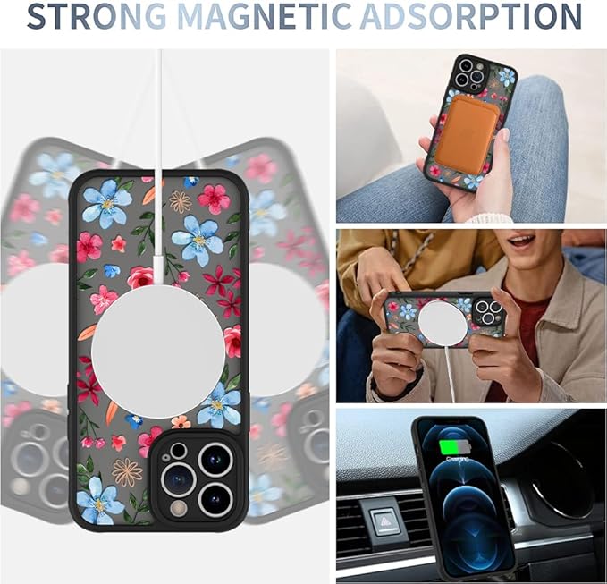 AIGOMARA Magnetic Case for iPhone 12 Pro [Compatible with MagSafe] Cute Pink Blue Flower Floral Pattern Soft TPU Bumper Hard PC Back Anti-Fall Shockproof Protective Slim Cover for Women Girls