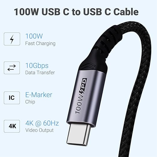 100W Short USB C Cable 3.1 Right Angle [1.5FT 2 Packs], 5A Fast Charging, 10GBbps High Speed Data E-Marker Chip Cords, 4K@60Hz Video Display