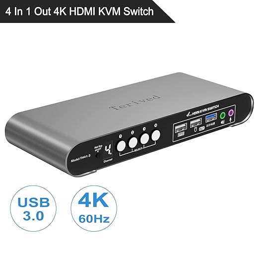 HDMI KVM Switch 4 in 1 Out with Hotkey Mouse Switching, Audio Mic Support, 4K@60Hz, USB 3.0 Hub, Digital Display, Terived Aluminum KVM with Cables Included