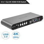 HDMI KVM Switch 4 in 1 Out with Hotkey Mouse Switching, Audio Mic Support, 4K@60Hz, USB 3.0 Hub, Digital Display, Terived Aluminum KVM with Cables Included