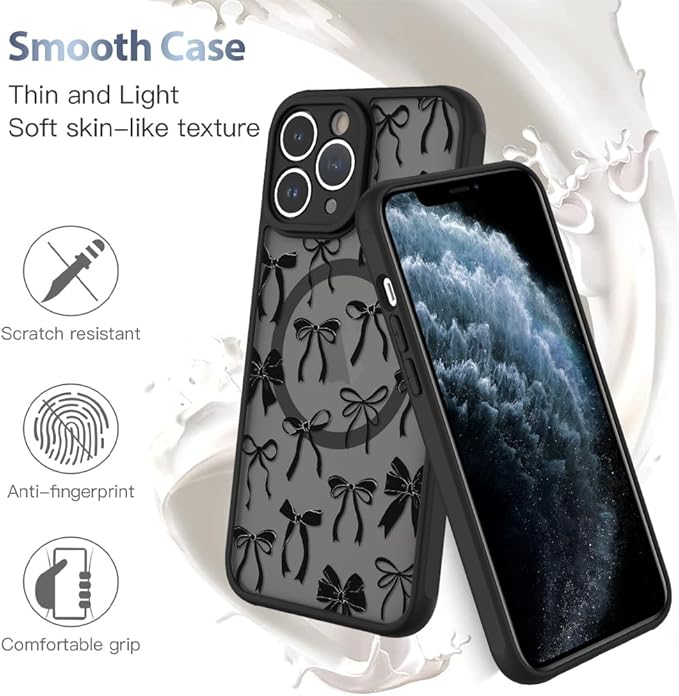 AIGOMARA Case for iPhone 11 Pro Max [Compatible with MagSafe] Black Ribbon Bow Pattern Design Soft TPU Bumper Hard PC Back Anti-Fall Shockproof Protective Slim Magnetic Cover for Women Girls