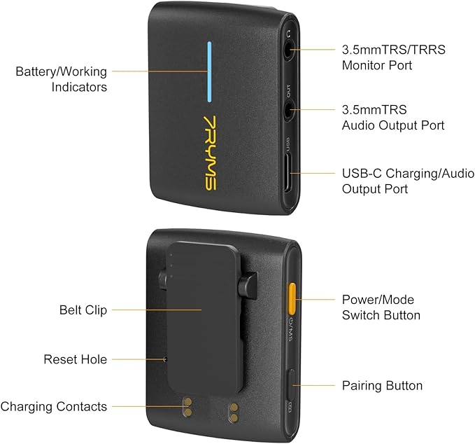 7RYMS iRay DW40 Wireless Lavalier Microphone with Four Transmitters One Charging Case Support AI Denoise, 48kHz/24bit Recording for Video Vlog, Interview, Live Streaming, Podcasting-Black