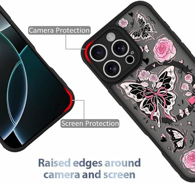 AIGOMARA Case for iPhone 16 Pro [Compatible with MagSafe] Cute Butterfly Pink Flower Floral Pattern Soft TPU Bumper Hard PC Back Anti-Fall Shockproof Protective Slim Magnetic Cover for Women Girls