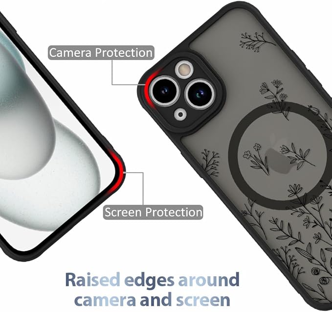 AIGOMARA Magnetic Case for iPhone 15 Plus [Compatible with MagSafe] Cute Black Flower Floral for Women Girls Soft TPU Bumper Hard PC Back Anti-Fall Shockproof Protective Slim Cover