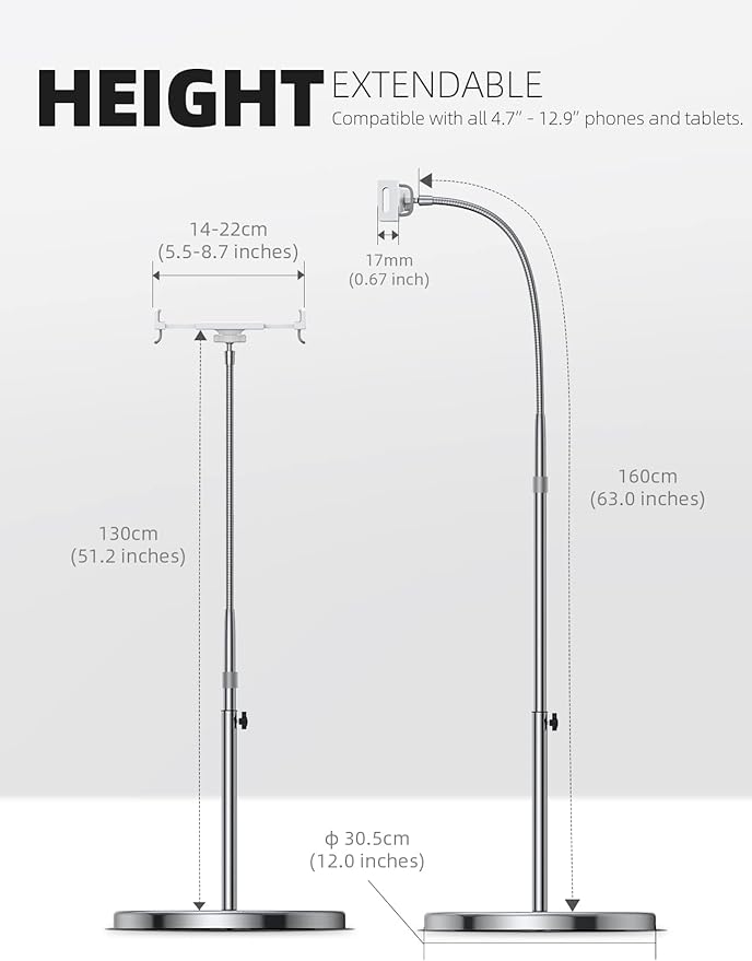 Lamicall Tablet Floor Stand Gooseneck - Swivel Tablet Holder Mount with Adjustable Height & 10.6lb Stable Base, Compatible with iPad Mini Air Pro 12.9/9.7, Tab, Kindle, Surface Pro, Phones (4.7-13")
