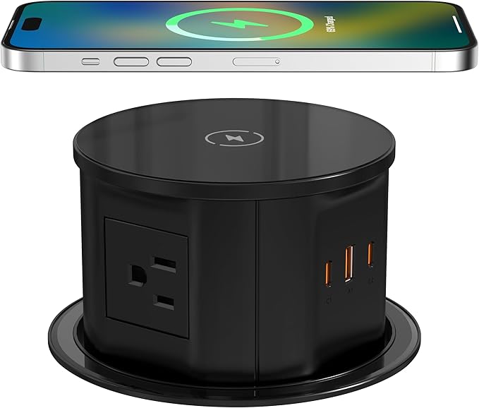 Pop up Outlet for Countertop with Wireless Charger,45W USB C Port, 4.7'' Diameter Round Pop Up Counter Outlet with AC Outlets,USB Ports,Hidden Outlet,Pop Out Outlet
