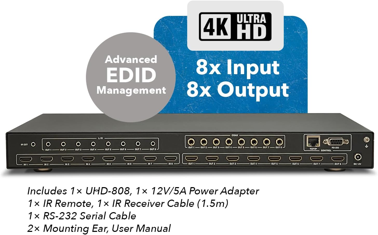 OREI 8x8 HDMI 4K Matrix Switch/Splitter, (8-Input, 8-Output) with Remote Control Supports UltraHD 4K@60Hz 4:4:4, HDR, YUV, HDMI 2.0, HDCP 2.2, 3D, 1080p, 18 GBPS - ARC, EDID (4K & 1080p Together)
