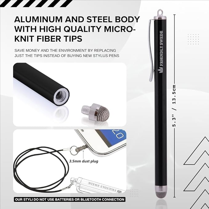 The Friendly Swede Mesh Tip Stylus Pen for Touchscreen — 3-Pack Micro-Knit Capacitive Stylus Pen for iPad & iPhone with 3 Replaceable Fiber Tips, Elastic Lanyards & Screen Cleaning Cloth