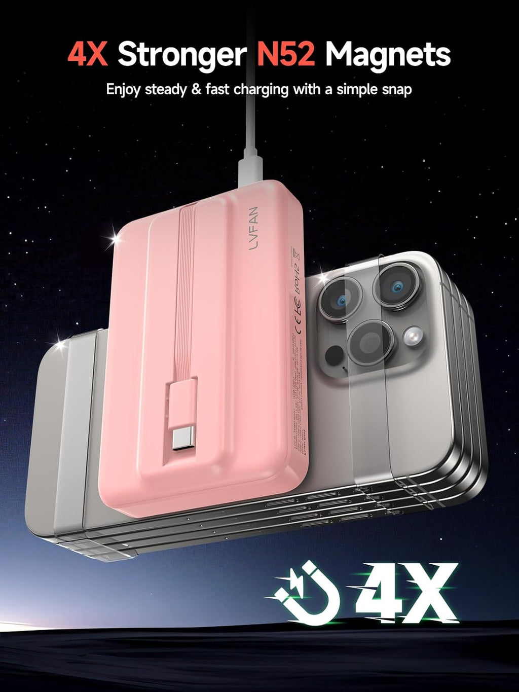 LVFAN for Magsafe Power Bank 10000mAh, Fast Charging Wireless Magnetic Portable Charger with Built-in USB C in&Out Cable, Travel LED Display Battery Pack for iPhone 17 16 15 14 13 12