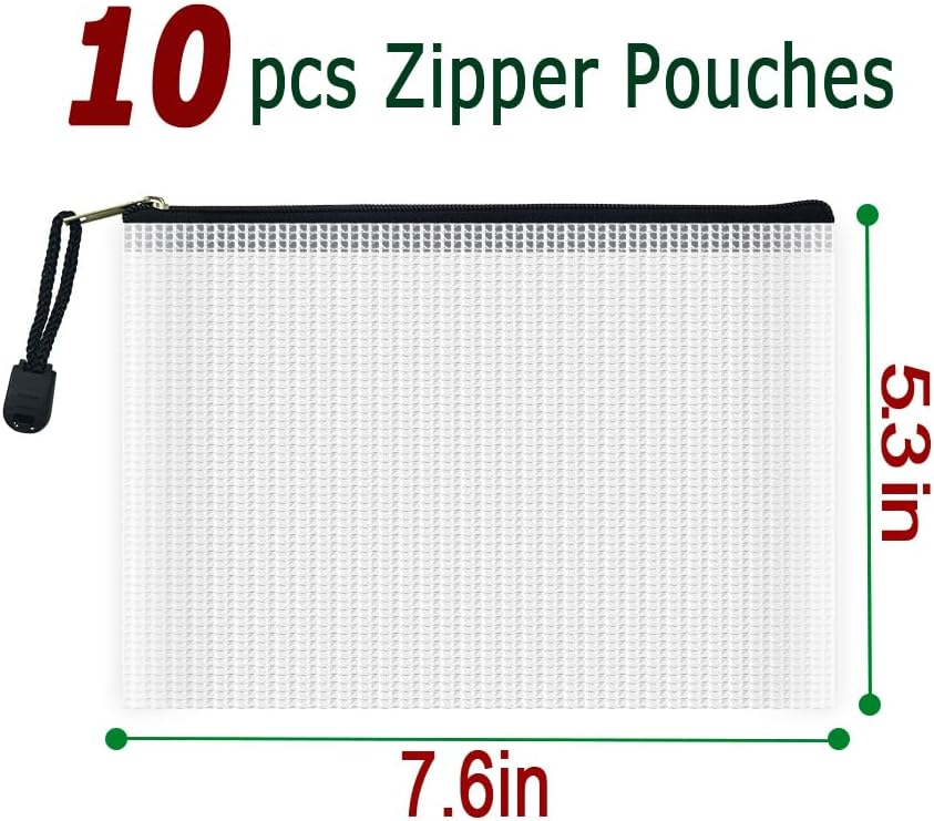 AUSTARK 10 Pcs Zipper File Bags, Waterproof Plastic Mesh Pouch for Office School, Board Game Storage Bags (B6 Size 7.6''x5.3'', White and Black)