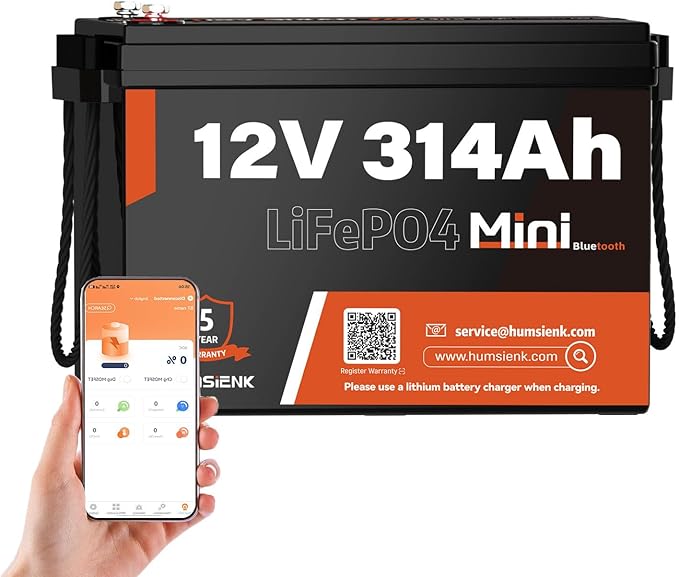 Bluetooth 12V 314Ah LiFePO4 Lithium Battery MINI, Max. 4190Wh Energy, EV A+ Cells, Built-in 100A BMS, 15000 Deep Cycles Battery with Low-Temp Protection for RVs, Solar System, Off-Grid