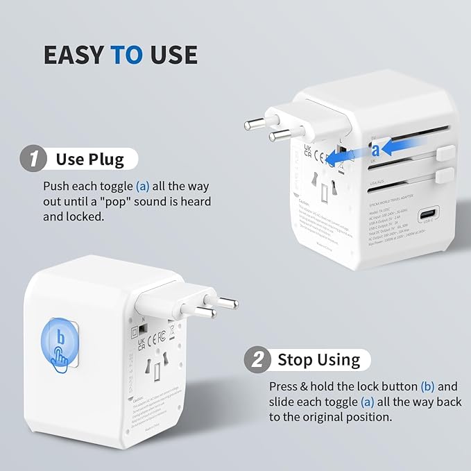 EPICKA Universal Travel Adapter, International Power Adapter with 2 USB-A & 3 USB-C Ports Wall Charger - Worldwide Travel Essentials, European Travel Plug Adapter for UK/US/AU (TA-105C, White)