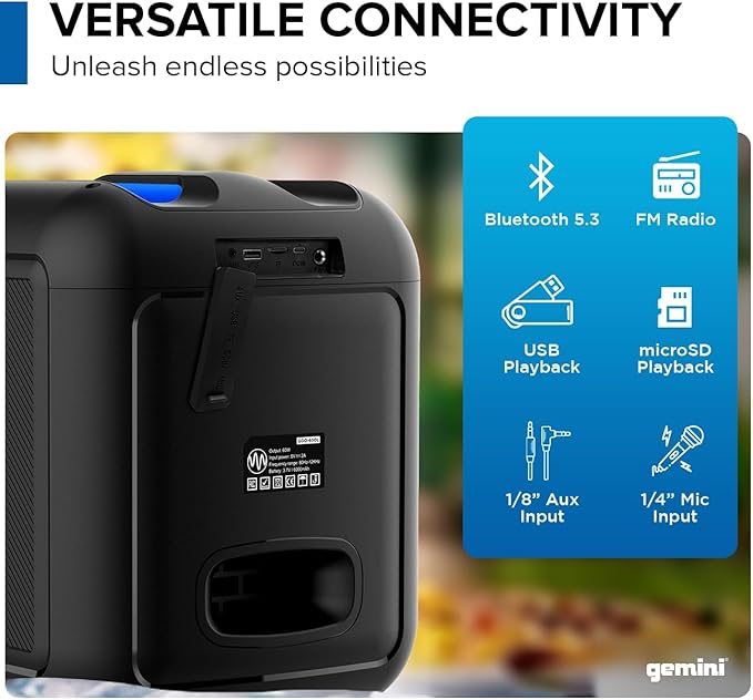 Gemini Box-Style Bluetooth Party Speaker with LED Lights, 6.5” Woofer, Wireless Mic, Deep Bass, TWS Stereo Pairing, USB/SD/FM/Aux, 10-Hour Battery Play Time, 100W Loud Sound for Home & Karaoke