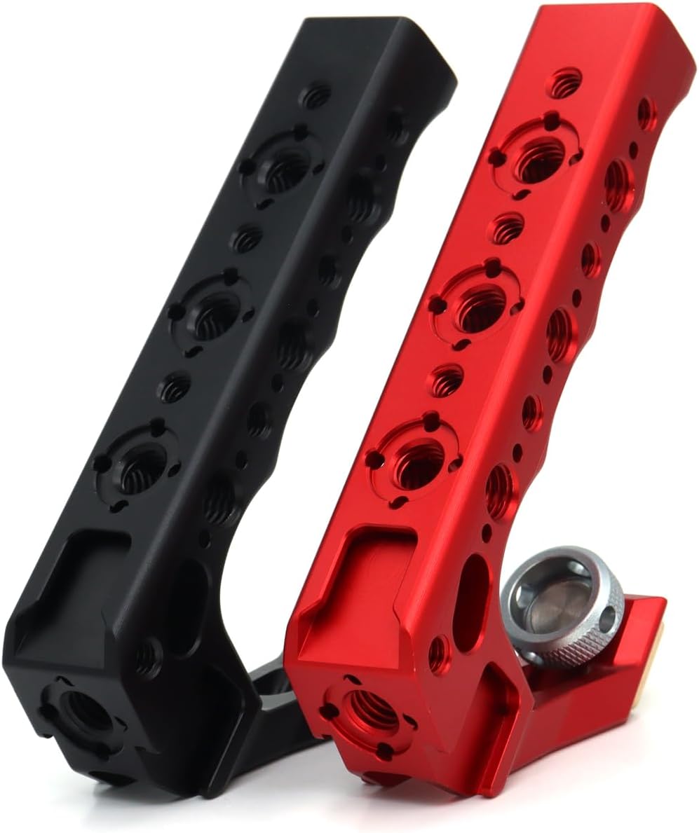 Universal Top Handle with 3/8" Screw Locating Pins for DSLR Camera Cage, with 3 Cold Shoe Adapters to Mount DSLR Camera with Microphone/LED Light/Monitor (Red with 3/8" Screw)