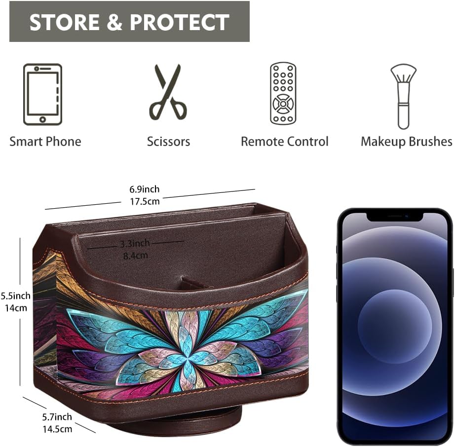 Fanousy 360° Rotating Remote Control Holder, PU Leather TV Remote Caddy Organizer Basket Storage Box with 5 Compartments for Pen, Pencil, Art Supplies, Makeup Brush, Office Desk Table Accessories