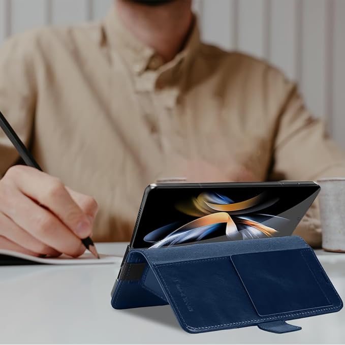 KEZiHOME for Samsung Galaxy Z Fold 6 Case, Genuine Leather Galaxy Z Fold6 Wallet Case [RFID Blocking] with Card Holder Stand Folio Protective Phone Cover Compatible with Samsung Z Fold 6 5G (Blue)