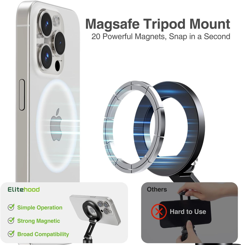 elitehood Magnetic Phone Tripod Mount for Magsafe, Aluminum iPhone Tripod Mount Adapter with 1/4” Screw, Cold Shoe Phone Holder for Camera, Compatible with iPhone 16/15/14/13 Series