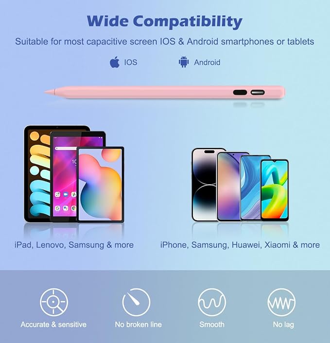 MoKo Stylus Pens for Touch Screens, Fast Charge Stylus Pen for Apple iPad/iPhone/Samsung/Lenovo/iOS/Android Tablets&Smart Phone Universal Stylus Capacitive Screen Pencil with Power Display, Pink