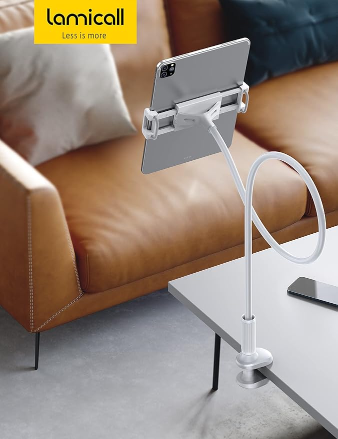 Lamicall Gooseneck Tablet Mount Holder for Bed Flexible Tablet Arm Clamp for Bed Compatible with Pad Pro 10.5, Air 9.7, Mini 7.9, Galaxy Tabs, Switch, More 4.7-11" Device - White