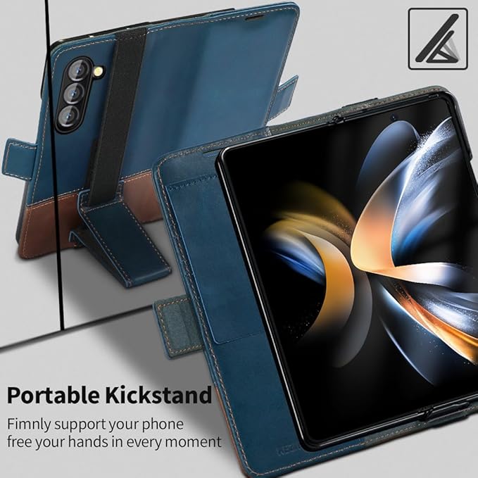 KEZiHOME for Samsung Galaxy Z Fold 6 Case, Genuine Leather Wallet Case [RFID Blocking] with Card Holder Stand Folio Protective Phone Cover Compatible with Galaxy Z Fold6 5G (Royal Blue/Brown)