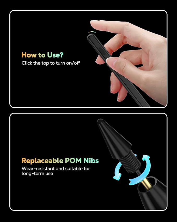 MoKo Pencil for iPad (A16) 11th 10th Gen, Stylus Pen for 2018-2025 Apple iPad 11/10/9/8/7/6/A16, Mini 7/6/5, Air M3/M2 11"/13"/5/4/3, Pro M4 13"/12.9"/11" Tilt Sensitivity, USB-C Fast Charging,Black